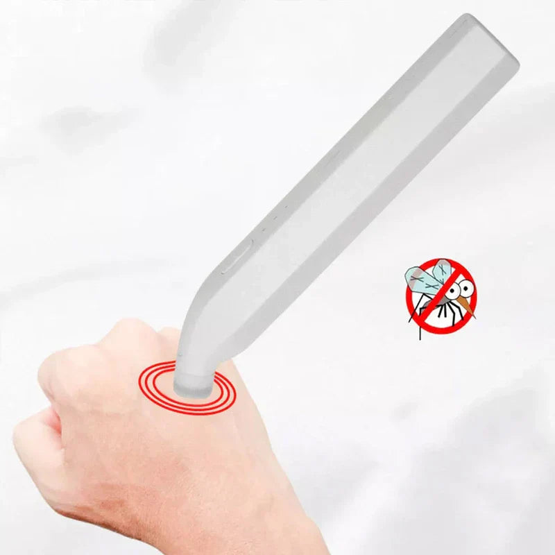 Bug Bite Itch Relief Stick - Hand with white rectangular device pressed to it, red concentric rings at contact point, cartoon mosquito with red prohibition sign nearby