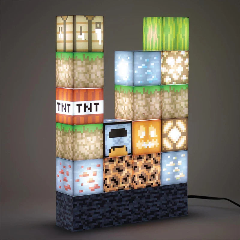 Lit up Minecraft pixel block stacking lamp showing glowing game themed blocks