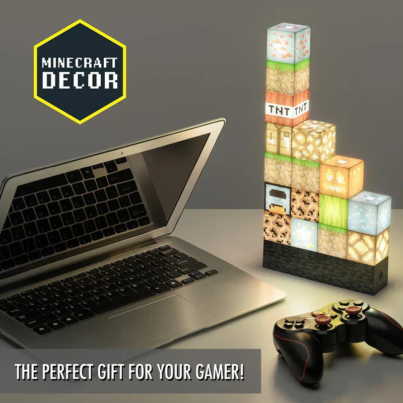 Minecraft block decor light beside laptop and controller, perfect gamer gift