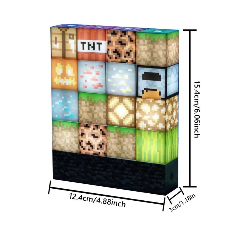 Minecraft block building night light with 15.4cm height dimension label