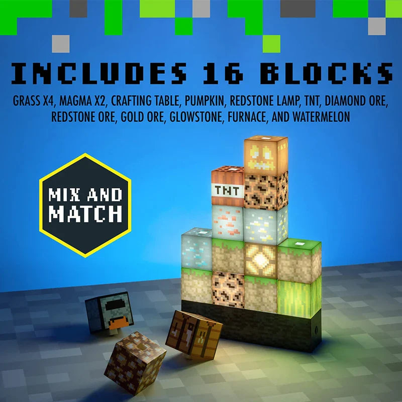 Minecraft 16-block mix-and-match light set with grass, TNT, ore blocks, and crafting table