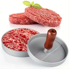 Burger Press Patty Maker Mold - two formed raw patties next to mold filled with ground meat
