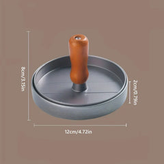 Burger Press Patty Maker Mold - Hamburger patty press with wooden handle, with height, width, and depth dimension labels against a brown background.