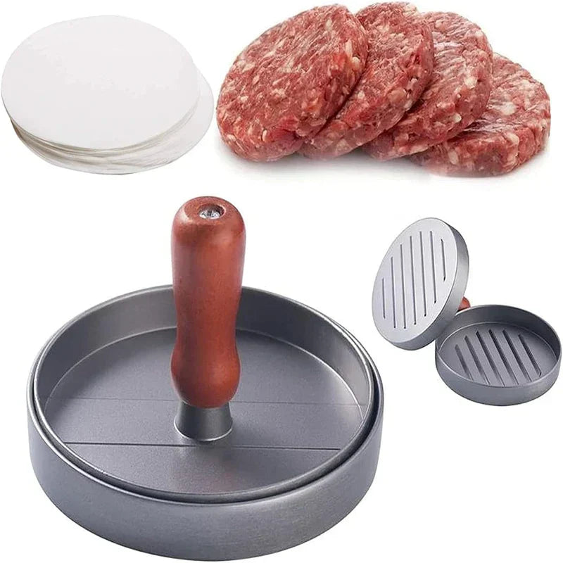 Burger Press Patty Maker Mold - Hamburger patty press with wooden handle, set of circular wax papers, four stacked raw meat patties, and a smaller view of the grooved press interior