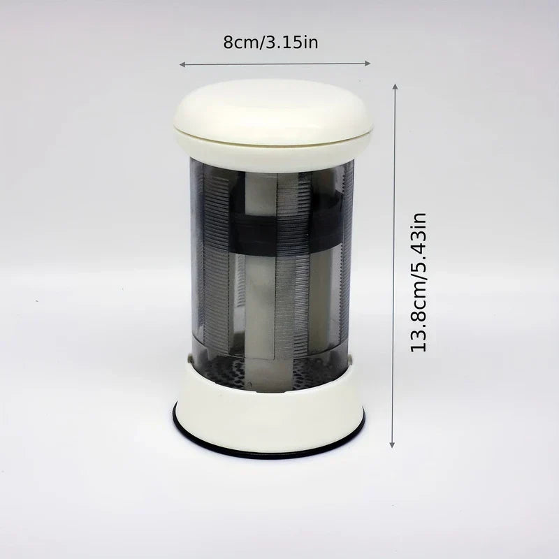 Butter Grater - Assembled cylindrical device with white top and base, translucent middle, labeled 8cm/3.15in wide and 13.8cm/5.43in tall