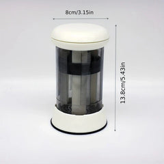 Butter Grater - Assembled cylindrical device with white top and base, translucent middle, labeled 8cm/3.15in wide and 13.8cm/5.43in tall