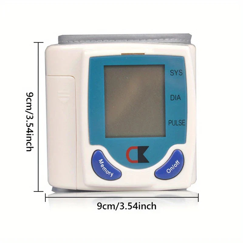 White and blue wrist blood pressure monitor with dimension labels showing 9cm height and width, on a white background.