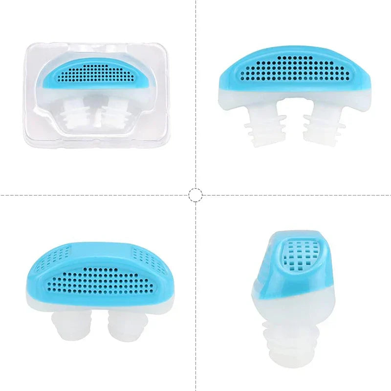 Pantalla facial Cpr - Cuadrícula de cuatro vistas de un dispositivo nasal azul y blanco: en estuche transparente, frontal, lateral y en ángulo