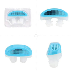 Pantalla facial Cpr - Cuadrícula de cuatro vistas de un dispositivo nasal azul y blanco: en estuche transparente, frontal, lateral y en ángulo
