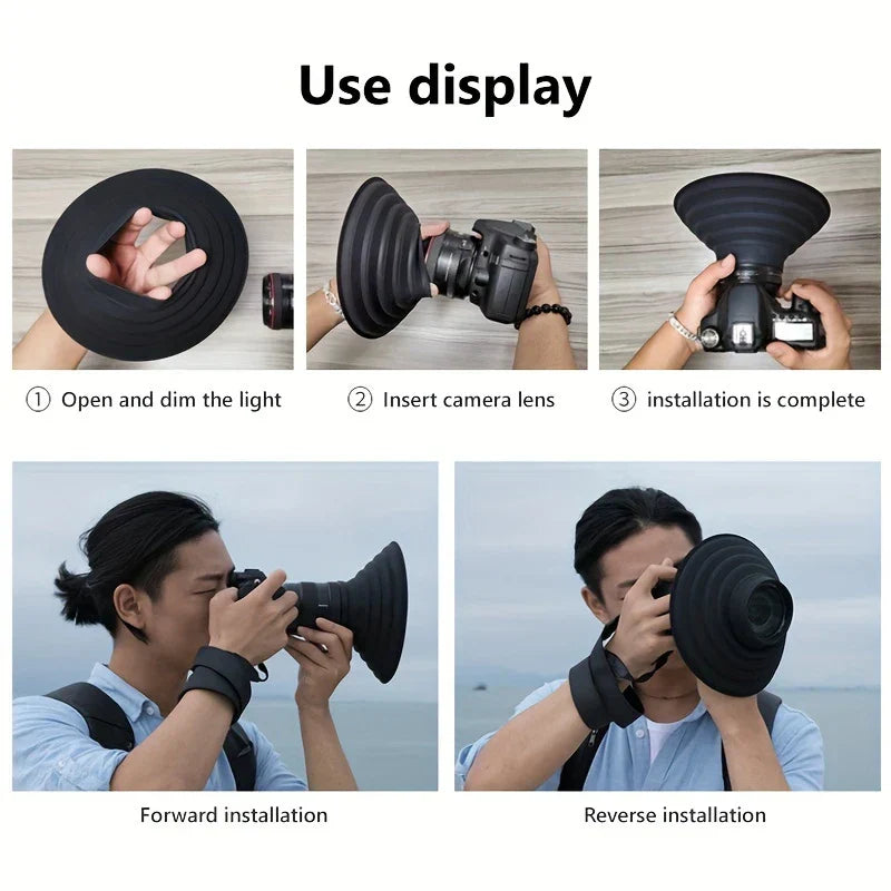 parasol para lente de cámara - Gráfico 'Usar pantalla' con cinco fotos que muestran pasos para ajustar un parasol de lente flexible, además de usos de instalación hacia adelante y hacia atrás.