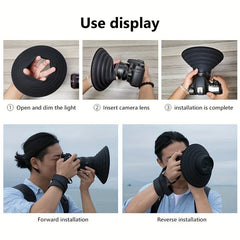 parasol para lente de cámara - Gráfico 'Usar pantalla' con cinco fotos que muestran pasos para ajustar un parasol de lente flexible, además de usos de instalación hacia adelante y hacia atrás.