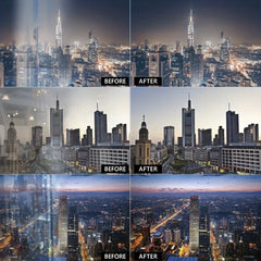 parasol para lente de cámara - Conjuntos de antes y después lado a lado muestran fotos de paisajes urbanos con el reflejo de vidrio eliminado para vistas más claras de los horizontes urbanos.