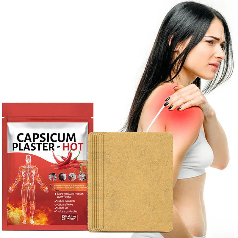 Pain Relief Plaster - Product pouch and patches beside person holding sore shoulder
