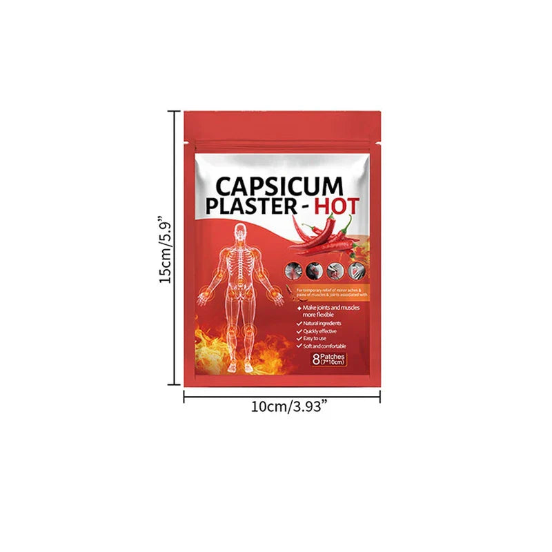 Pain Relief Plaster - Red resealable capsicum hot plaster packet with 8 patches, 10cm wide and 15cm tall, showing a skeleton diagram and chili peppers.