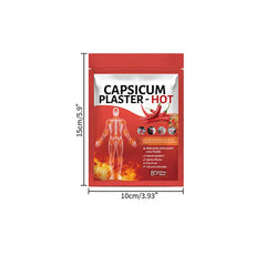 Pain Relief Plaster - Red resealable capsicum hot plaster packet with 8 patches, 10cm wide and 15cm tall, showing a skeleton diagram and chili peppers.
