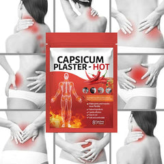 Pain Relief Plaster - Red hot capsicum plaster packet over grid of people holding painful neck, back, waist areas highlighted red