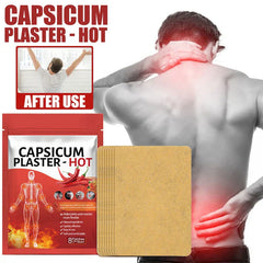 Schmerzlinderndes Pflaster - Rote Capsicum-Pflaster-Packung, Stapel gelber Pflaster, neben einem Mann, der schmerzenden Nacken und unteren Rücken hält