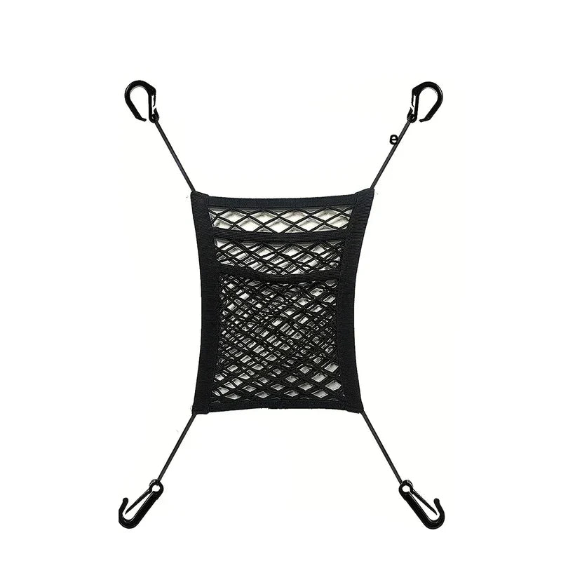 Car Seat Gap Filler Organizer Net - Black mesh storage net with four corner hooks on white background