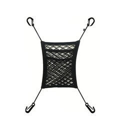 Car Seat Gap Filler Organizer Net - Black mesh storage net with four corner hooks on white background