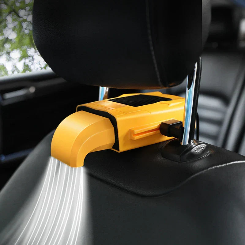 Cooling Fan - Yellow device mounted on a car headrest, blowing airflow downward onto a black car seat