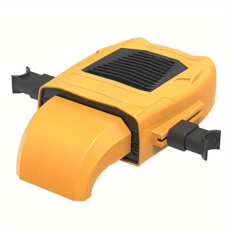 Cooling Fan - Yellow plastic product angled top view, with black top grille, curved front section, and two side mounting arms on white background