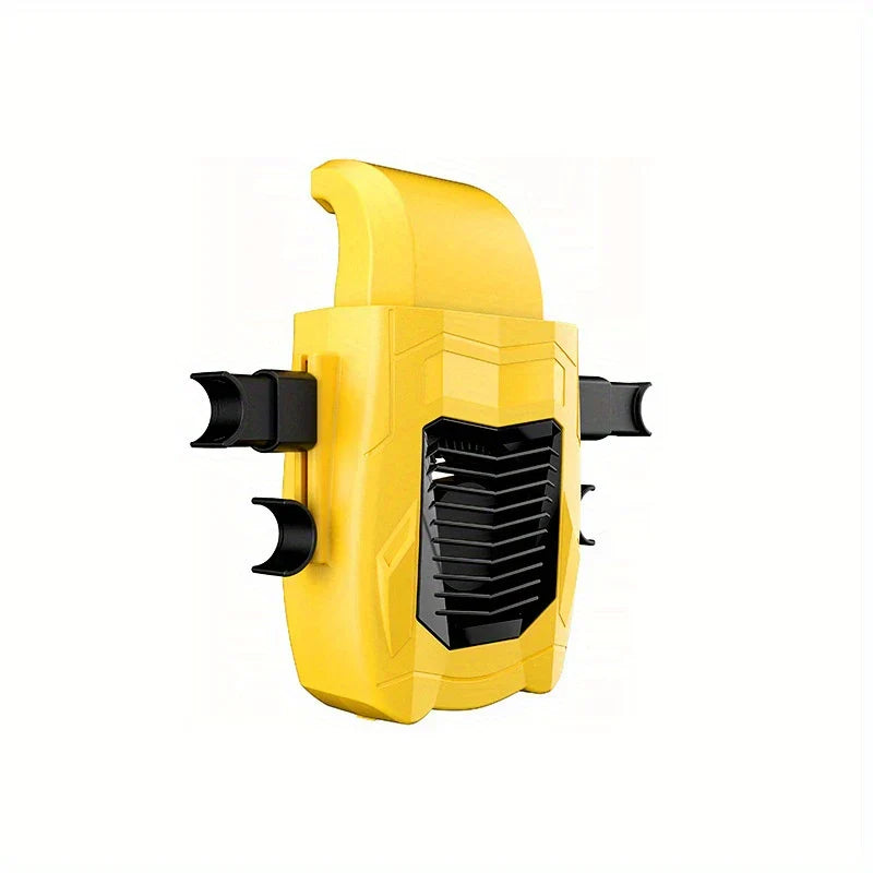 Cooling Fan - Bright yellow product front three-quarter view, with black front vented grille and four black side mounting clips on white background