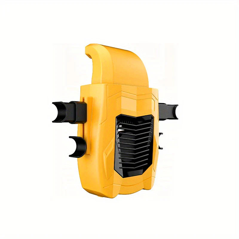 Cooling Fan - Yellow and black plastic device with side hooks and a vented front panel, on a white background