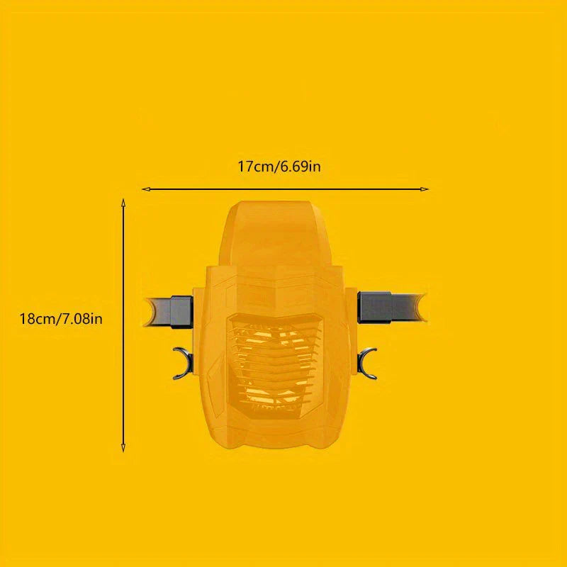 Cooling Fan - Yellow device illustration with dimension labels: 17cm/6.69in wide, 18cm/7.08in tall, on a solid yellow background
