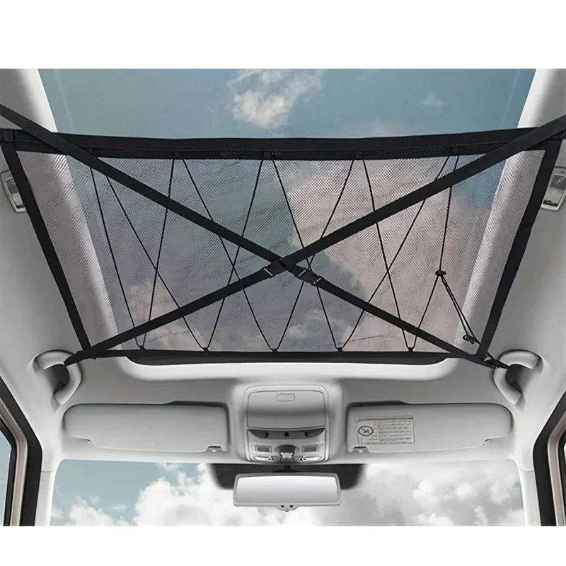 Car Back Seat Organizer Storage Bag - mesh storage net installed on car interior ceiling