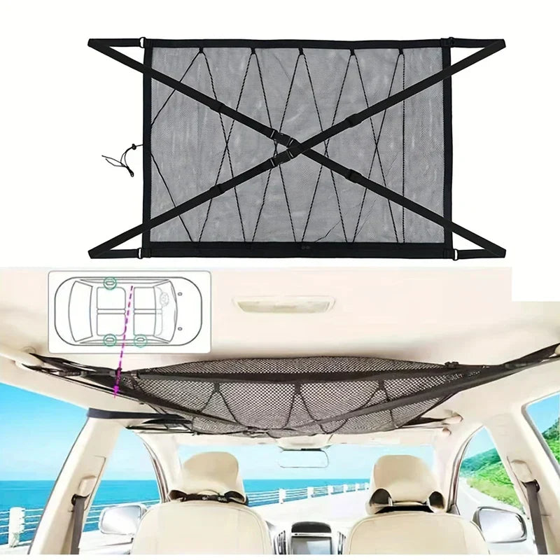 Car Back Seat Organizer Storage Bag - mesh storage net product view and car ceiling installation diagram