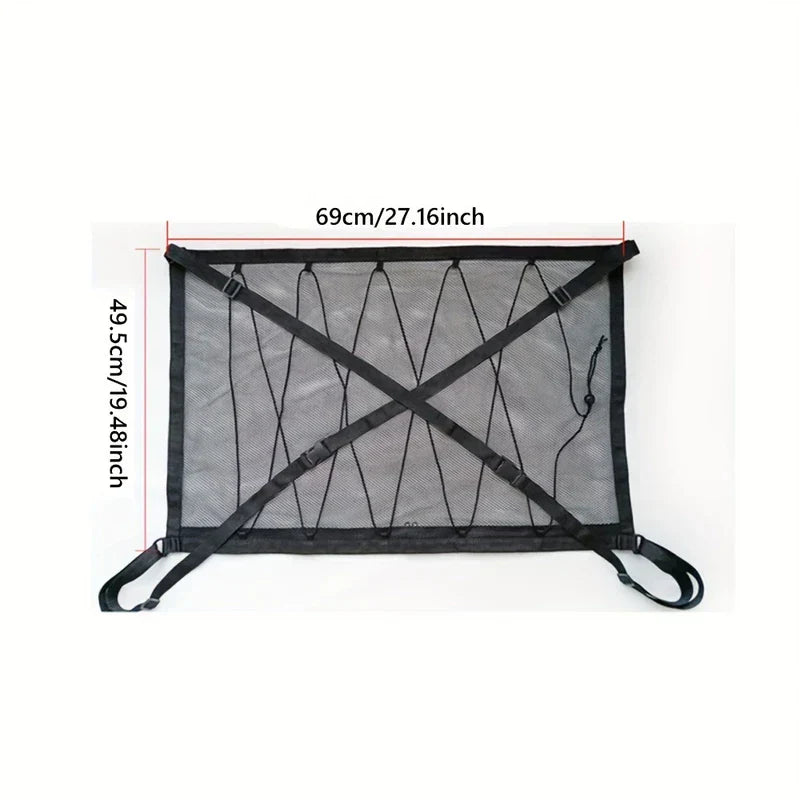 Car Back Seat Organizer Storage Bag - Black mesh cargo net with cross straps and corner loops, marked 69cm wide and 49.5cm tall