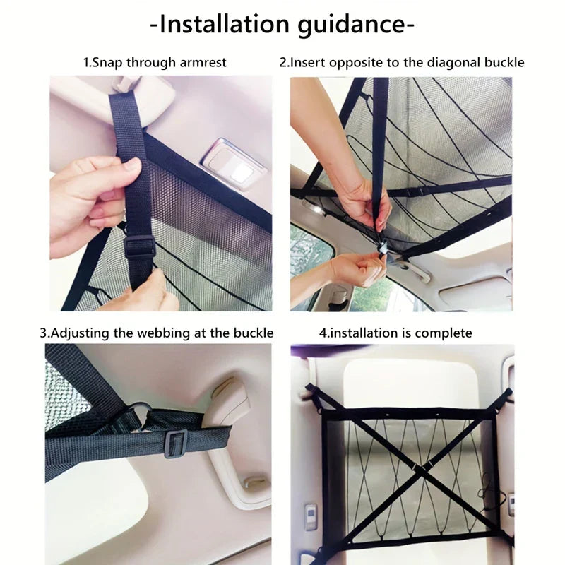 Car Back Seat Organizer Storage Bag - Car ceiling cargo net installation guide with 4 step-by-step instruction panels