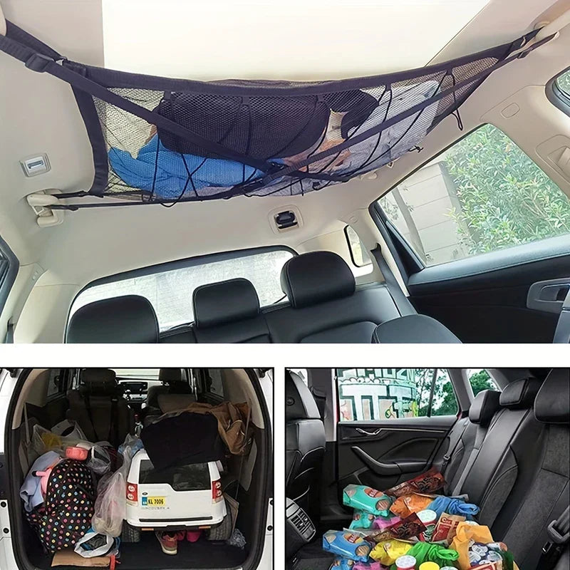 Car Back Seat Organizer Storage Bag - Car ceiling mesh cargo net holding items, plus two images of cluttered car trunk and backseat