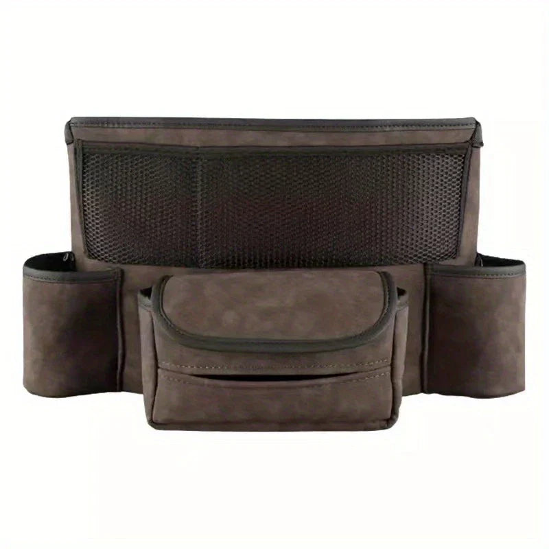 Car Center Console Organizer Hanging Bag - Brown multi-pocket hanging storage bag with mesh pocket and side cup holders