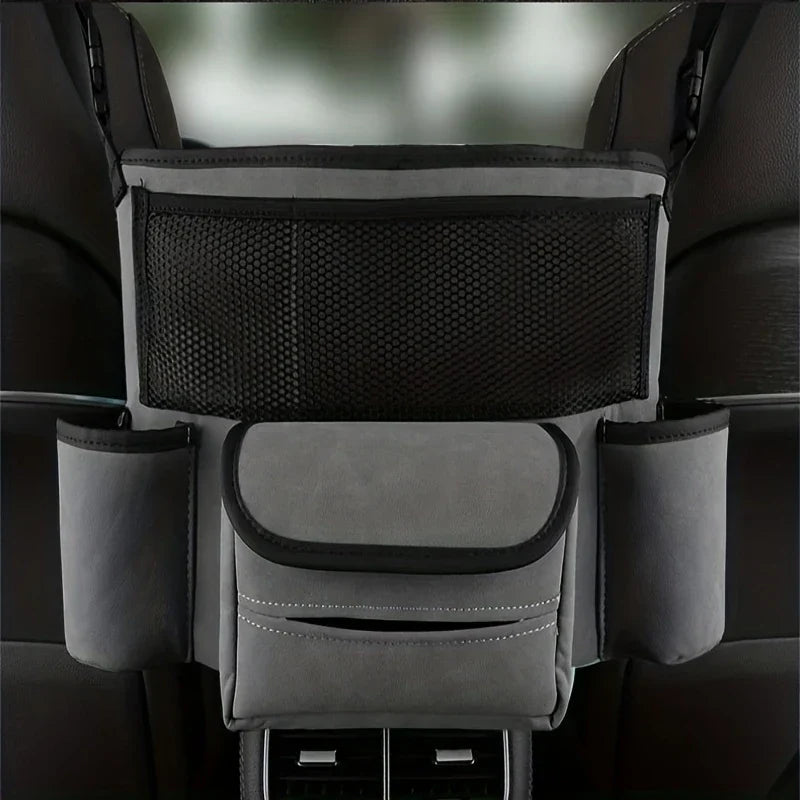 Car Center Console Organizer Hanging Bag - Gray hanging storage bag installed between two front car seats