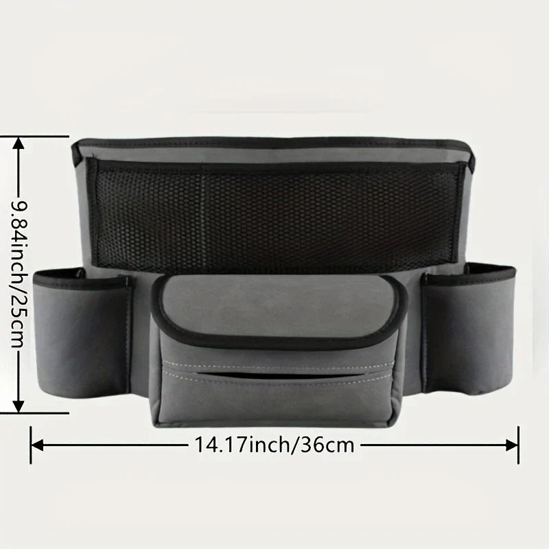 Car Center Console Organizer Hanging Bag - Gray hanging storage bag with width and height dimension markings
