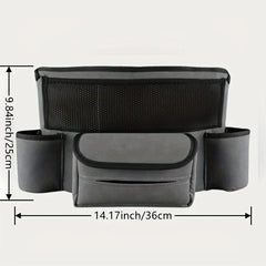 Car Center Console Organizer Hanging Bag - Gray hanging storage bag with width and height dimension markings