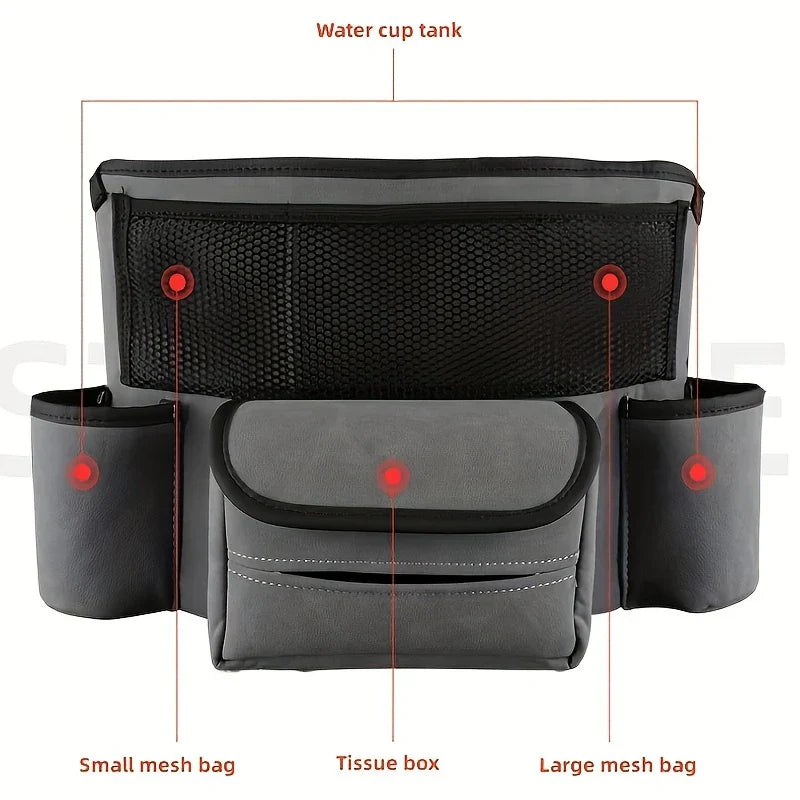 Car Center Console Organizer Hanging Bag - Gray and black car storage bag with labeled parts: water cup tank, small and large mesh bags, tissue box