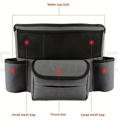 Car Center Console Organizer Hanging Bag - Gray and black car storage bag with labeled parts: water cup tank, small and large mesh bags, tissue box