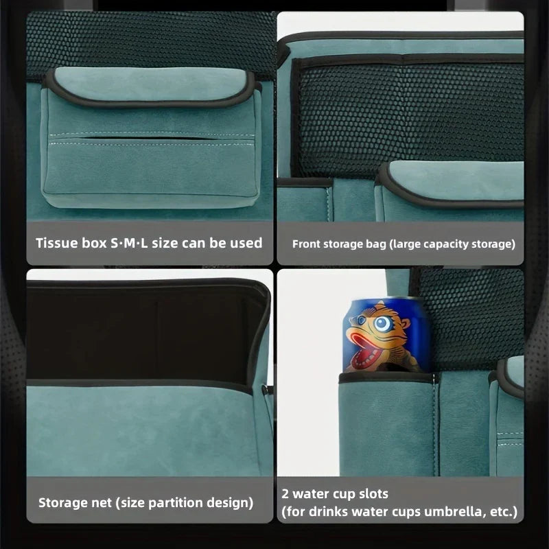 Car Center Console Organizer Hanging Bag - Four-panel closeup of teal car organizer details: tissue pocket, mesh storage bag, open pocket, and cup slot holding a can.