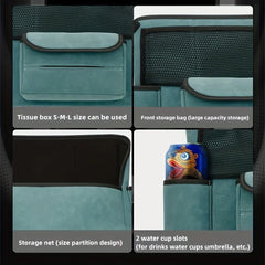 Car Center Console Organizer Hanging Bag - Four-panel closeup of teal car organizer details: tissue pocket, mesh storage bag, open pocket, and cup slot holding a can.