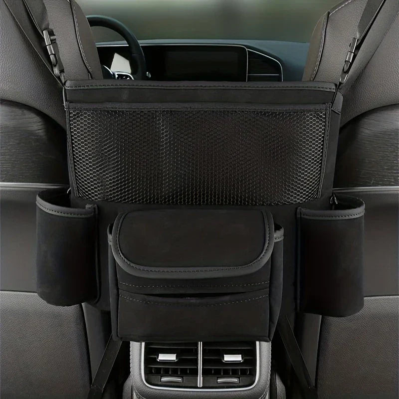 Car Center Console Organizer Hanging Bag - Black car organizer hung between two front car seats, with mesh top pocket, two side cup holders, and a lower front pocket.