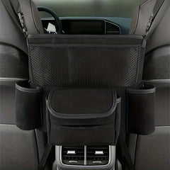 Car Center Console Organizer Hanging Bag - Black car organizer hung between two front car seats, with mesh top pocket, two side cup holders, and a lower front pocket.