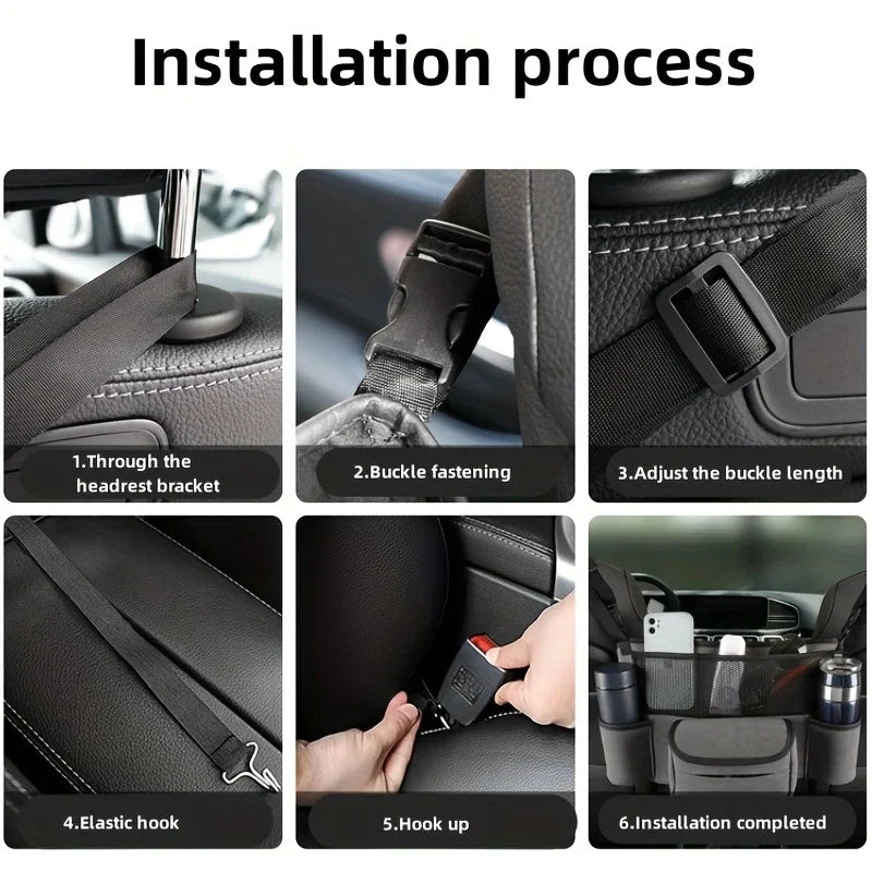 Car Center Console Organizer Hanging Bag - Six-step installation process for a car seat organizer, shown with strap setup, buckles, adjustment, and final installed view.