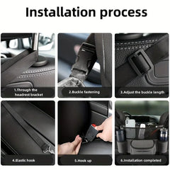 Car Center Console Organizer Hanging Bag - Six-step installation process for a car seat organizer, shown with strap setup, buckles, adjustment, and final installed view.