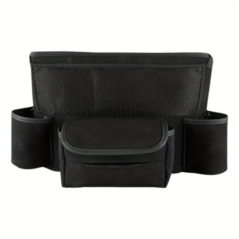 Car Center Console Organizer Hanging Bag - Black multi-pocket organizer with front mesh panel, two side cup holders, and a small front flap pocket