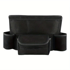 Car Center Console Organizer Hanging Bag - Black multi-pocket organizer with front mesh panel, two side cup holders, and a small front flap pocket