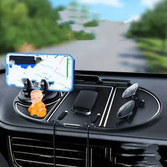 Car dashboard anti-slip mat with phone mount holding navigation phone on dash