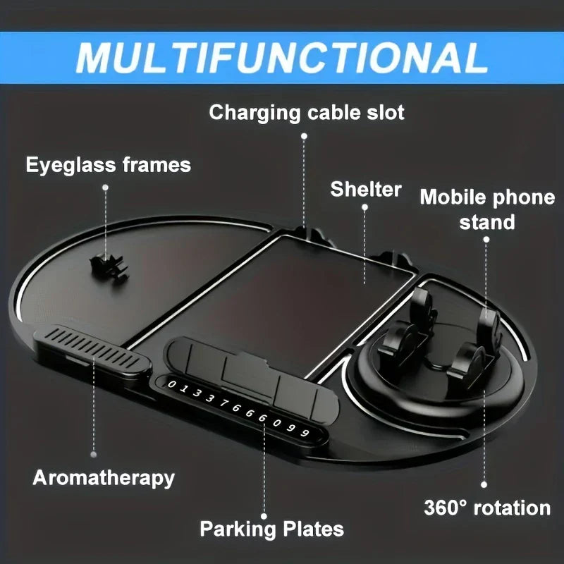 Multifunctional car dashboard pad labeled features: phone stand, aromatherapy, parking plate, eyeglass holder