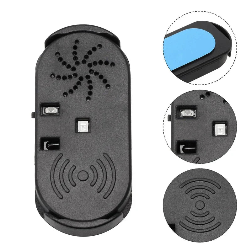 Car Door Open Light - Warning safety light with close-up detail insets of adhesive backing, LED sensors, and wave pattern